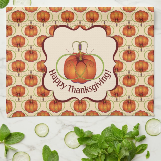 Orange Curvy Pumpkin Autumn Pattern Tea Towel (Folded)