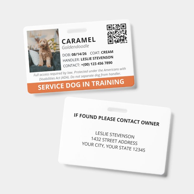 Orange Custom QR Code Service Dog In Training ID Badge (Front & Back)