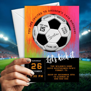 Orange Custom Text on Soccer Ball Birthday Invitation
