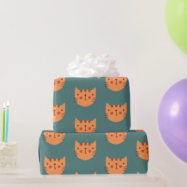 Orange Cute Cat  Green Wrapping Paper (Party Gifts)