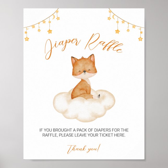 Orange Cute Fox Baby Shower Diaper Raffle Poster (Front)