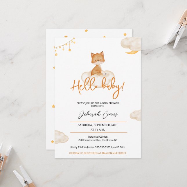 Orange Cute Fox Baby Shower Invitation (Front/Back In Situ)
