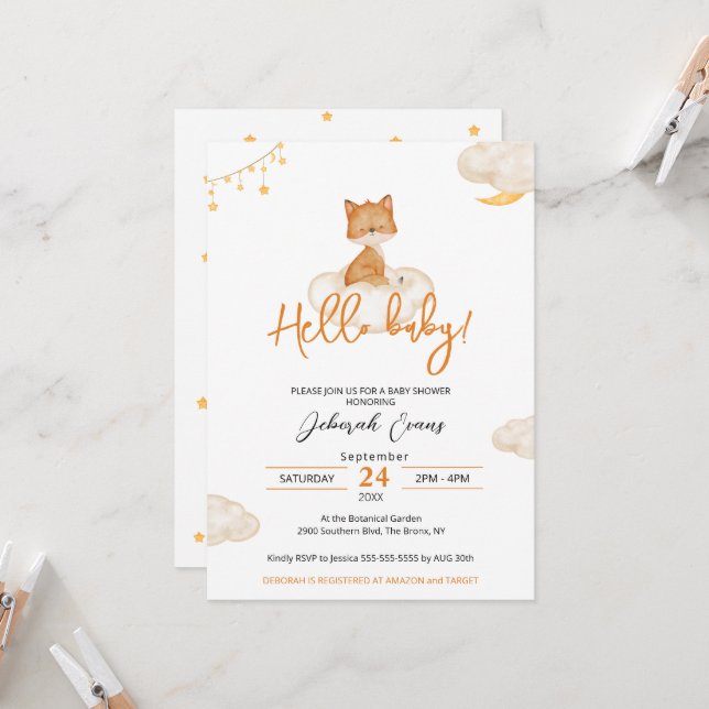 Orange Cute Fox Baby Shower Invitation (Front/Back In Situ)