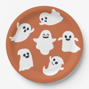 Orange Cute Ghost Halloween Fall Baby Shower Paper Plate