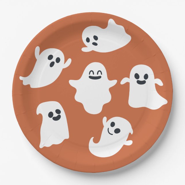 Orange Cute Ghost Halloween Fall Baby Shower Paper Plate (Front)