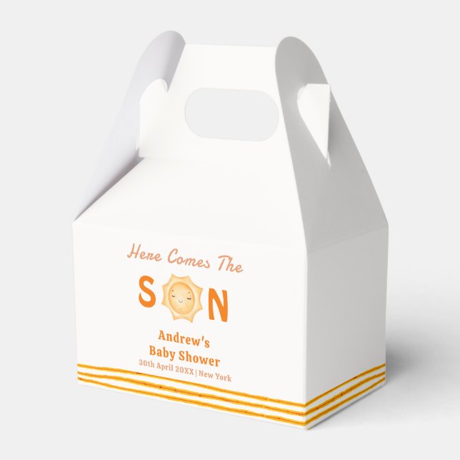 Orange Cute Here Comes The Son Baby Shower Favour Box (Front Side)