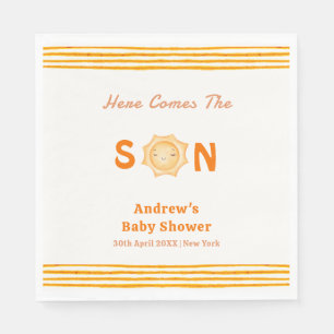 Orange Cute Here Comes The Son Baby Shower Napkin