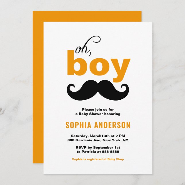 Orange Cute It's a Boy Moustache Baby Shower Invitation (Front/Back)