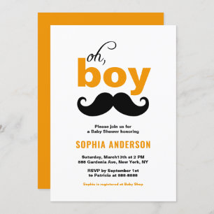 Orange Cute It's a Boy Moustache Baby Shower Invitation