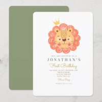 Orange Cute Lion King 1st Birthday Invitation