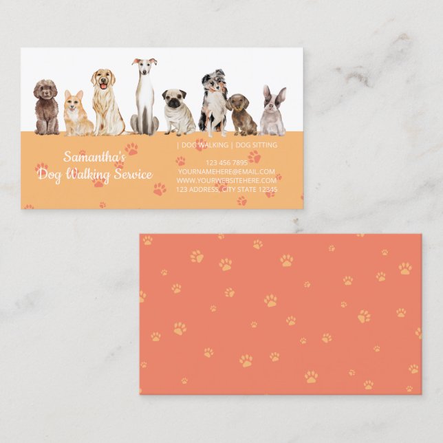 Orange Cute Paws Watercolor Dogs Business Card (Front/Back)