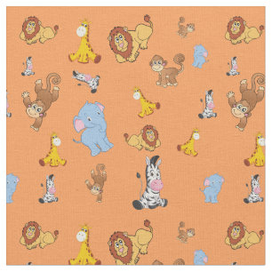 orange Cute safari animal pattern - Giraffe, eleph Fabric