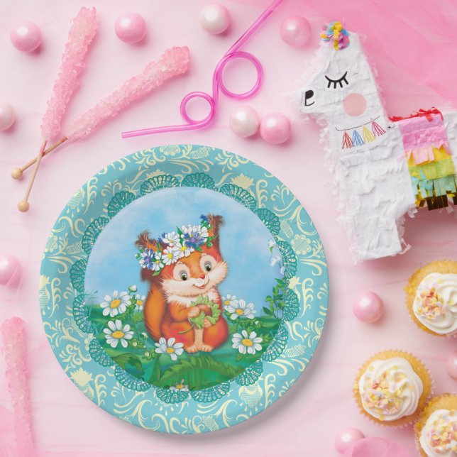 orange cute squirrel paper plate (Party)