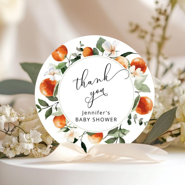 Orange Cutie Baby Shower Thank You Classic Round Sticker (Creator Uploaded)