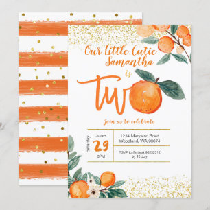 Orange Cutie Second Birthday Gold Glitter Invitation