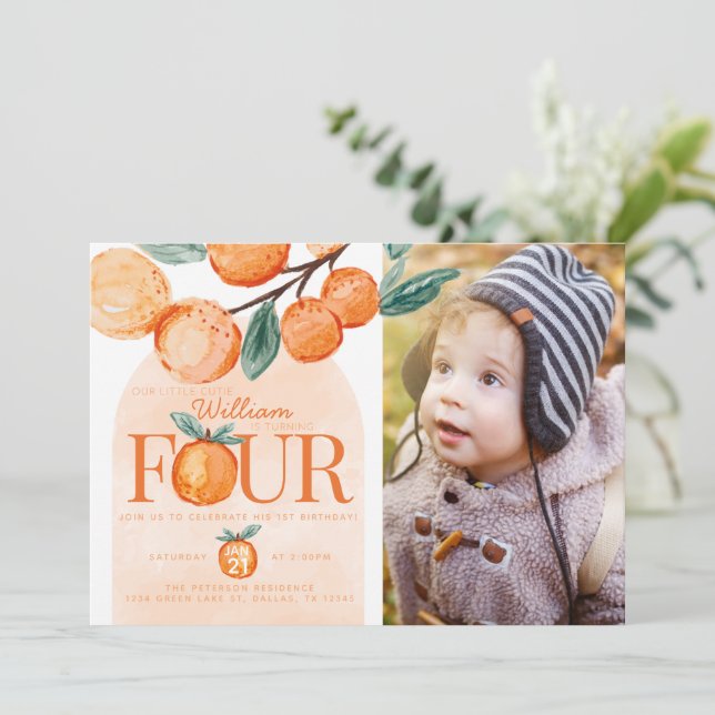 Orange Cutie turning FOUR 4th Birthday Party Invitation (Standing Front)
