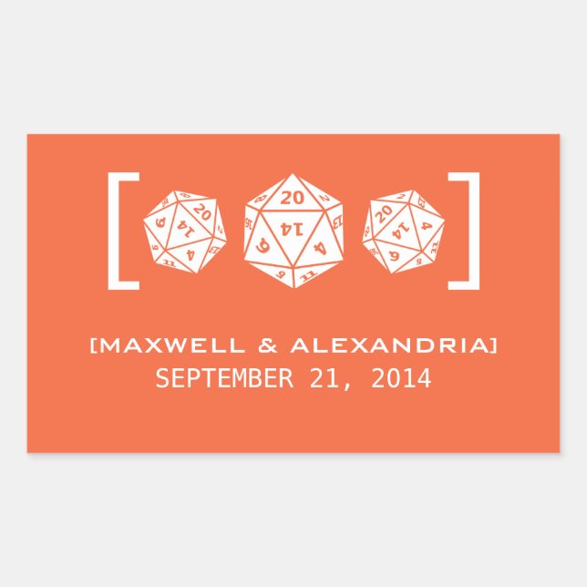 Orange D20 Dice Gamer Wedding Stickers (Front)