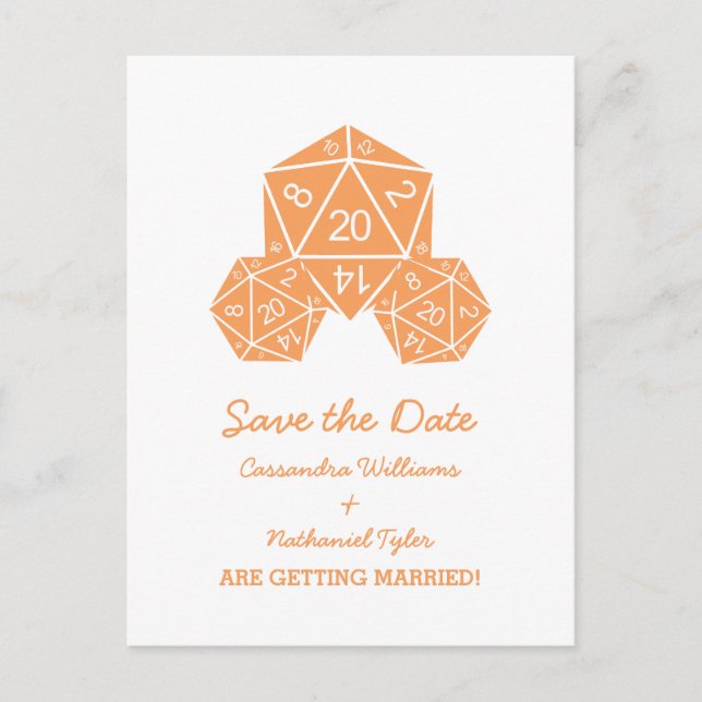 Orange D20 Dice Save the Date Postcard (Front)