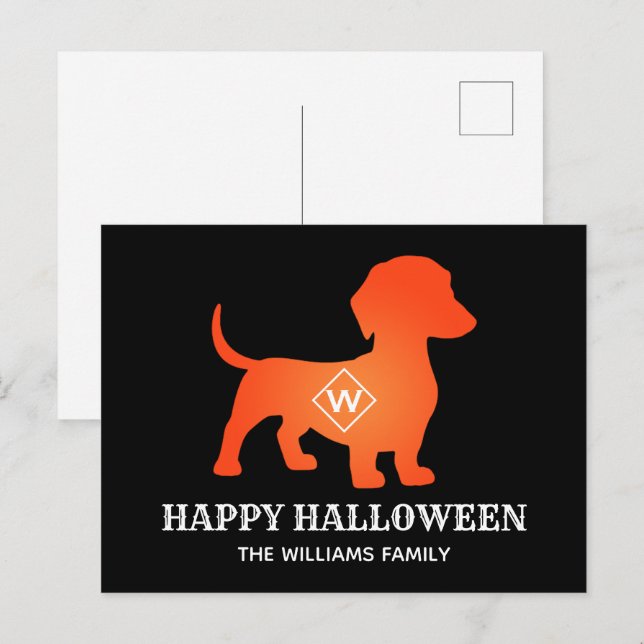 Orange Dachshund Happy Halloween Family Name Holiday Postcard (Front/Back)