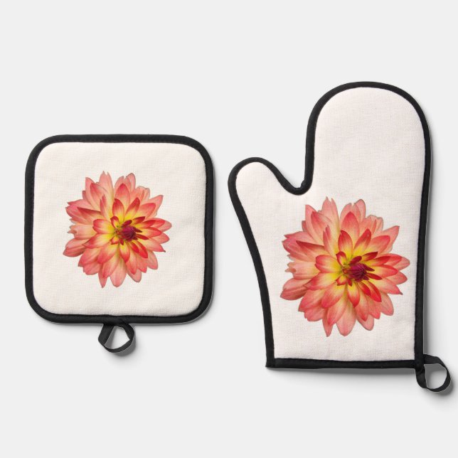Orange Dahlia Oven Mitt & Pot Holder Set (Front)