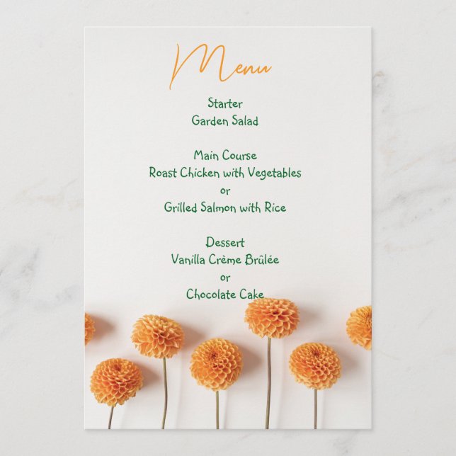 Orange Dahlia Wedding Menu – Warm Floral Elegance (Front)