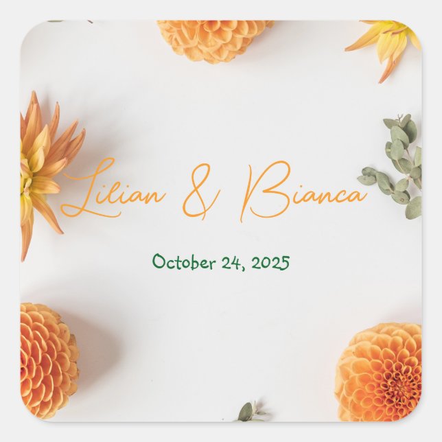 Orange Dahlia Wedding Stickers – Warm Summer Flora (Front)