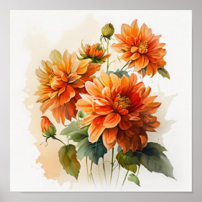 Orange Dahlias Flower Art Print Poster (Front)