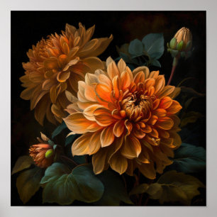 Orange Dahlias Flower Art Print Poster