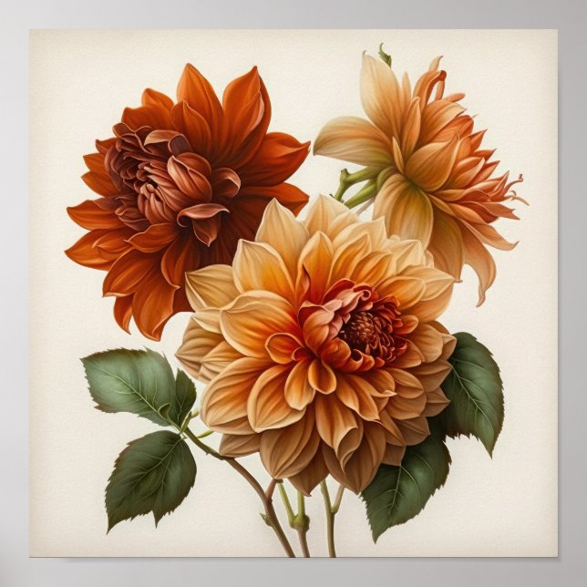 Orange Dahlias Flower Art Print Poster (Front)