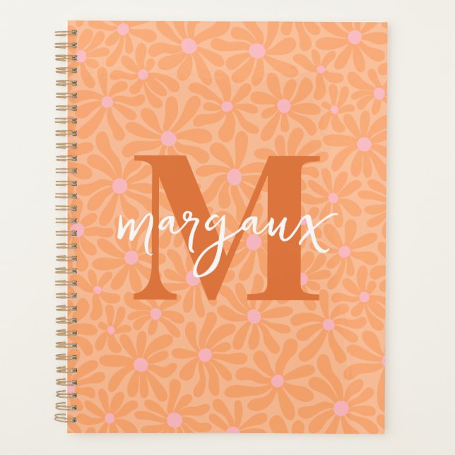 Orange Daisies Floral Personalized Monogram Name Planner (Front)
