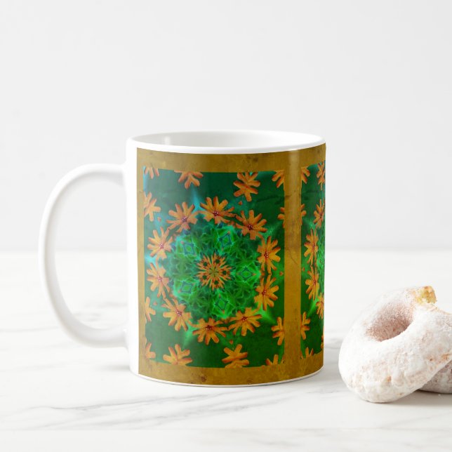 Orange Daisy Abstract Floral Art Coffee Mug (With Donut)