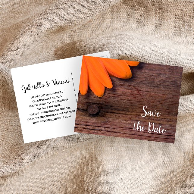 Orange Daisy and Barn Wood Wedding Save the Date Announcement Postcard (Creator Uploaded)