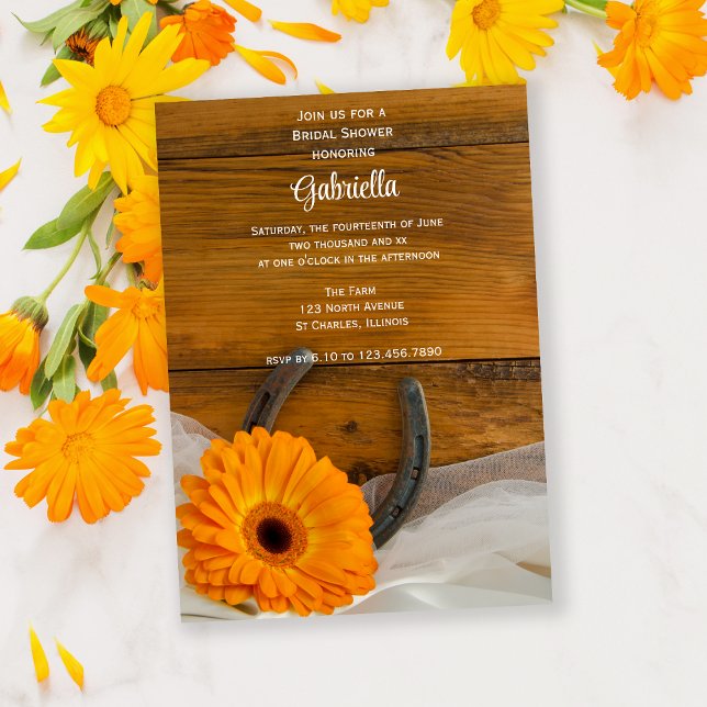 Orange Daisy and Horseshoe Country Bridal Shower Invitation (Creator Uploaded)