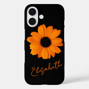 Orange Daisy and Your Name on Black Background iPhone 16 Case
