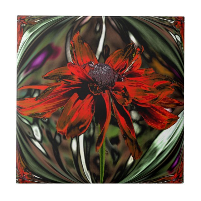 Orange Daisy Floral Abstract Art Tile (Front)