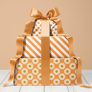 Orange Daisy Floral Stripes Polka Dot  Wrapping Paper Sheet