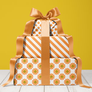 Orange Daisy Floral Stripes Polka Dot  Wrapping Paper Sheet