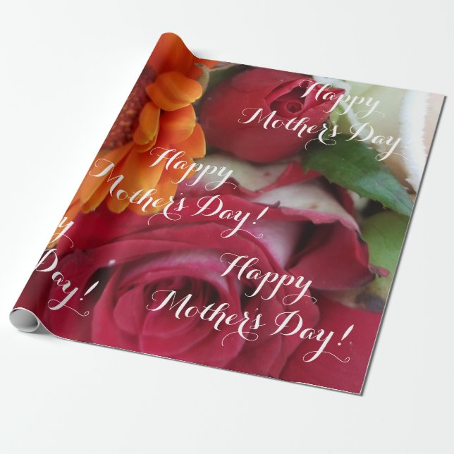 Orange Daisy Flower Red Roses Floral Bouquet Wrapping Paper (Unrolled)