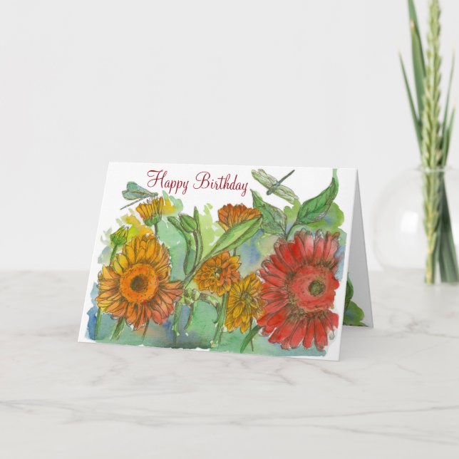 Orange Daisy Flowers Dragonfly Happy Birthday Card (Front)