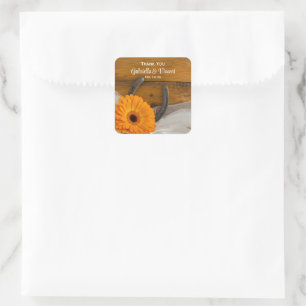 Orange Daisy Horseshoe Western Wedding Thank You Square Sticker