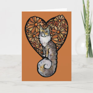 Orange Daisy Maine Coon Cat Caturday Heart         Card