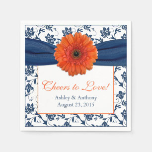 Orange Daisy Navy Blue Damask Personalised Wedding Napkin