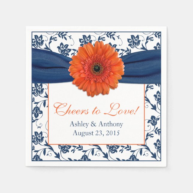 Orange Daisy Navy Blue Damask Personalised Wedding Napkin (Front)