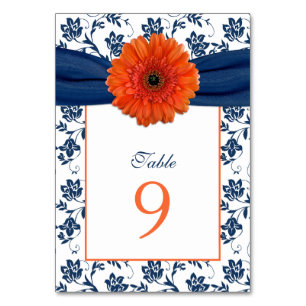 Orange Daisy Navy Blue Damask Ribbon Wedding Table Number