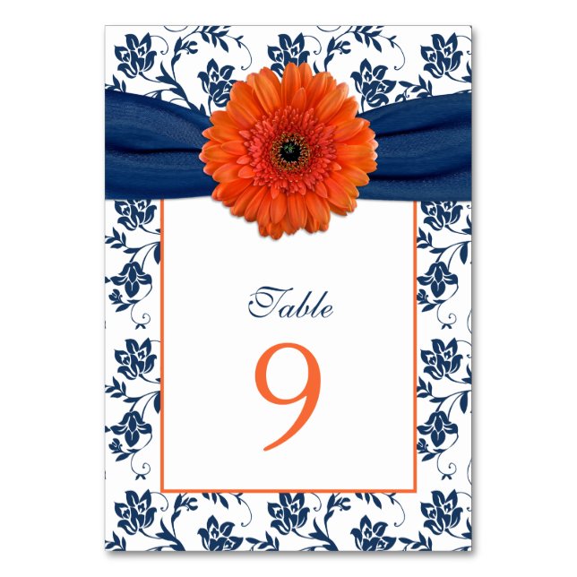 Orange Daisy Navy Blue Damask Ribbon Wedding Table Number (Front)