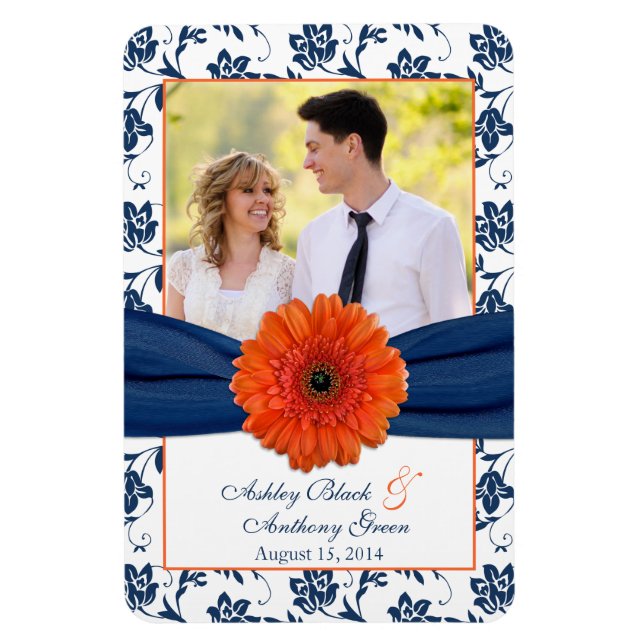 Orange Daisy Navy Blue Floral Wedding Photo Magnet (Vertical)