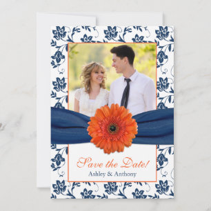Orange Daisy Navy Damask Photo Save the Date
