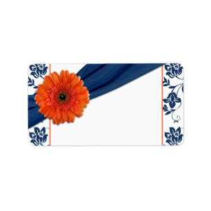 Orange Daisy Navy Damask Wedding Blank Address Label