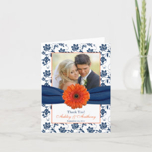 Orange Daisy Navy Damask Wedding Thank You Card