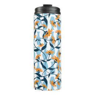 Orange Daisy Navy Vine Blue Vase Pattern Thermal Tumbler